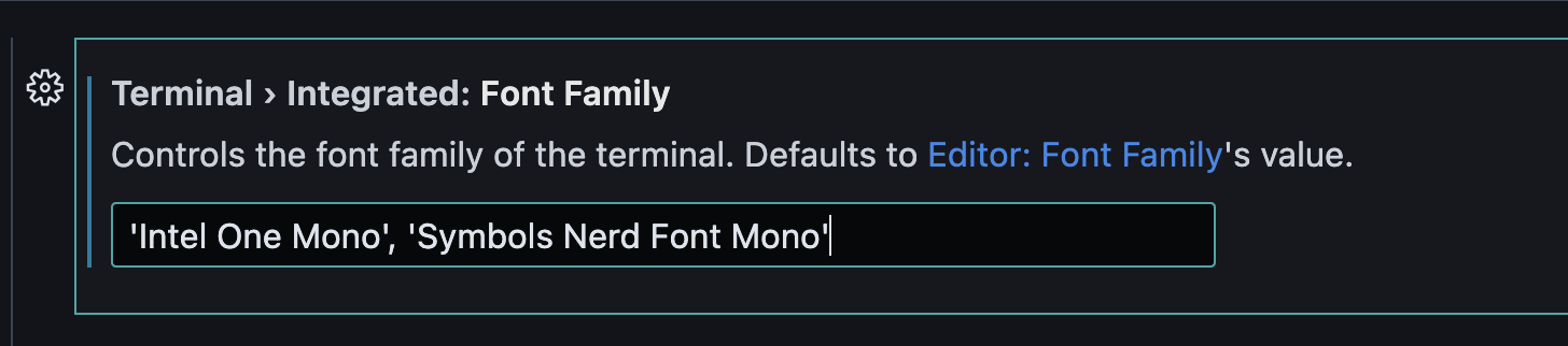 VS Code symbols font settings for the terminal.