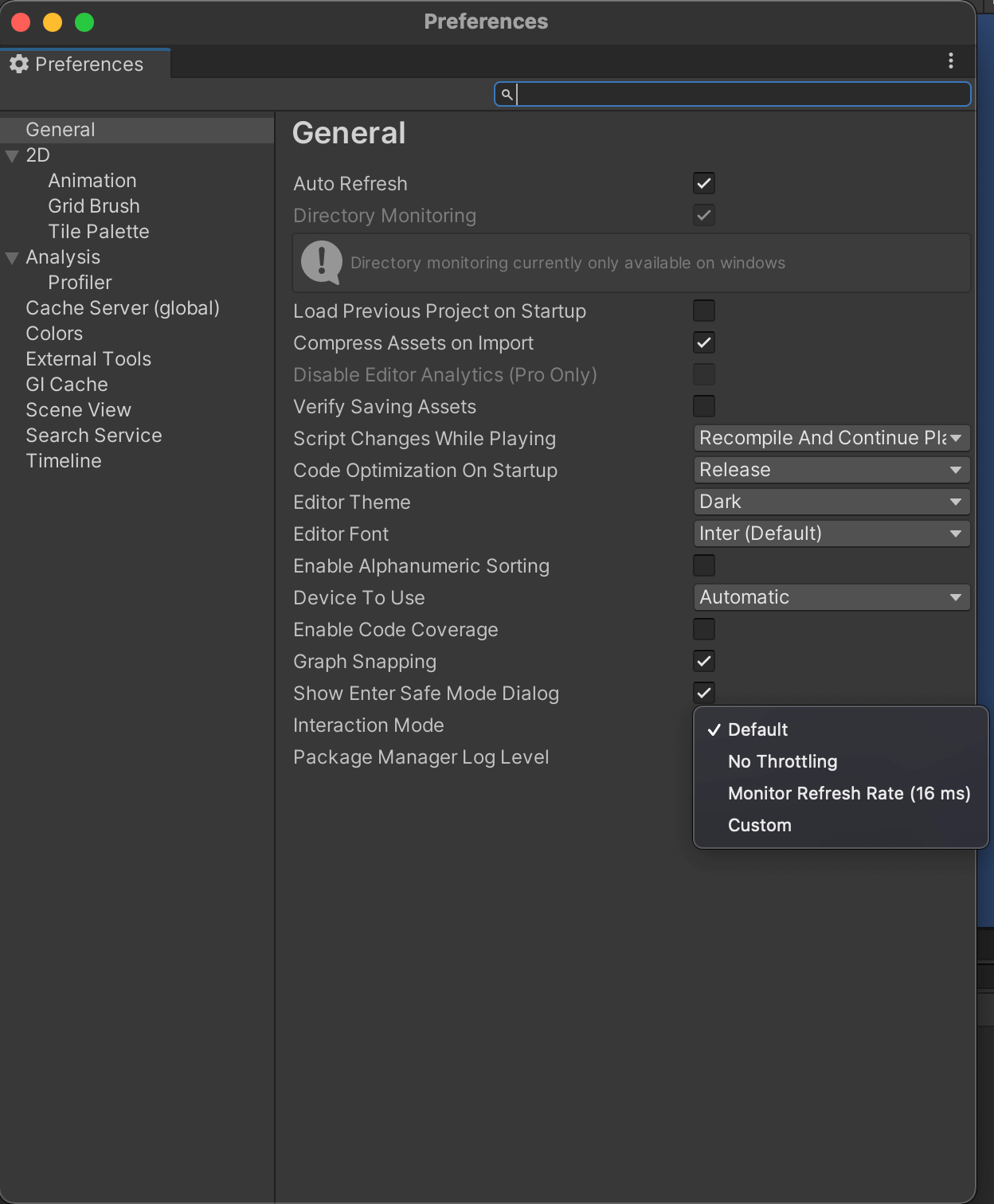 Unity general settings showing the Interaction mode drop-down.