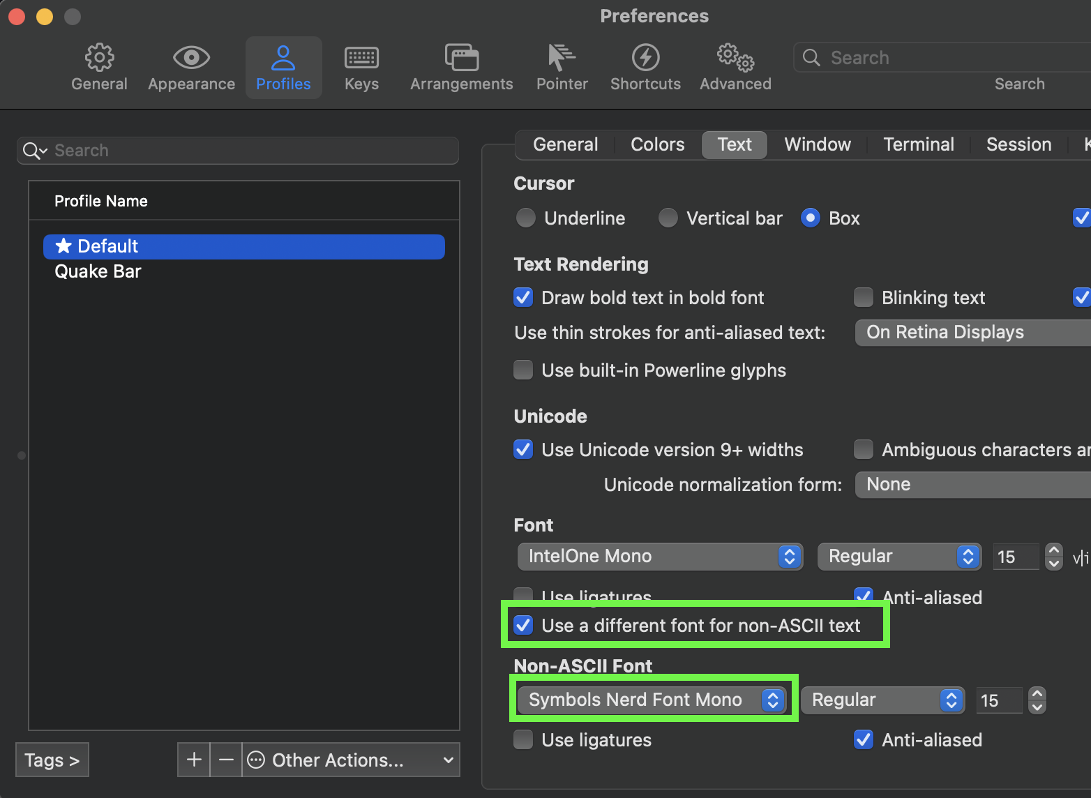 Settings to use a symbols only Nerd Font in iTerm on macOS.