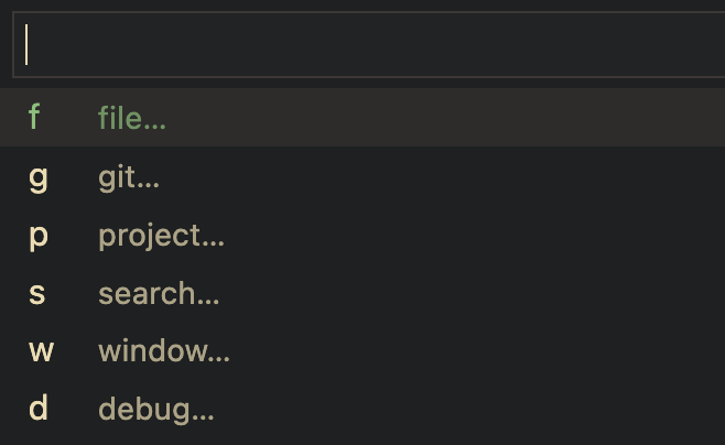 Which Key prompt from VS Code showing a list of helpful submenu options together with their shortcut keys.