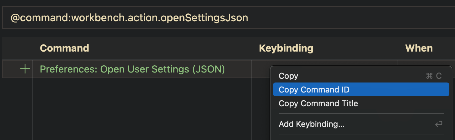 Visual Studio Code keybindings list showing the Copy Command ID contextual option.'
